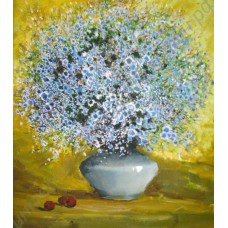 Натюрморт: синие цветы в вазе, выполненный маслом на холсте